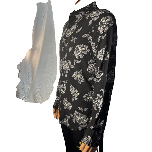 GUESS Men’s Size Medium Black/White Floral Slim Fit Shirt Stretch Long Sleeve - Picture 2 of 10